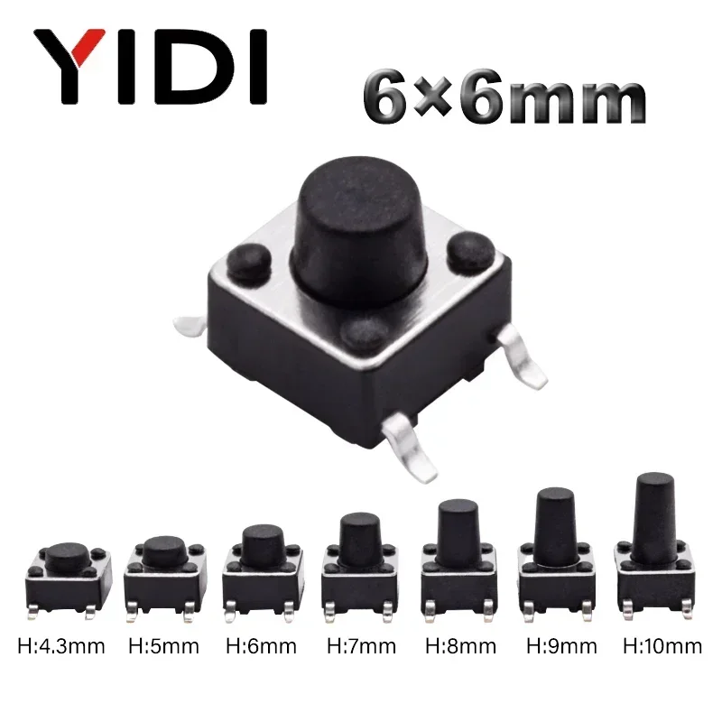 

Тактильный кнопочный выключатель Micro SMD, 50 шт., 4 контакта ВКЛ./ВЫКЛ., моментальная Перезагрузка 6x6, 12 В, черный электронный набор, H = 4,3/5/6/7/8/9/10 мм