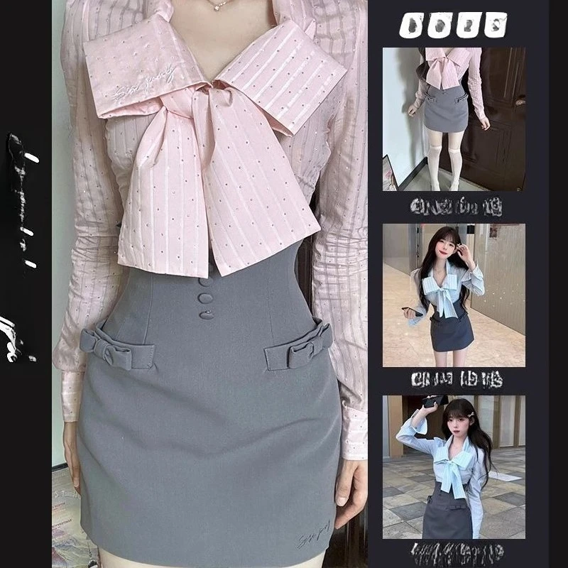 

2000s Japan Sweet 2 Piece Skirt Sets Y2k Bow Slim Long Sleeve Blouses + Elegant Mini Skirts Harajuku Vintage Office Lady Suits