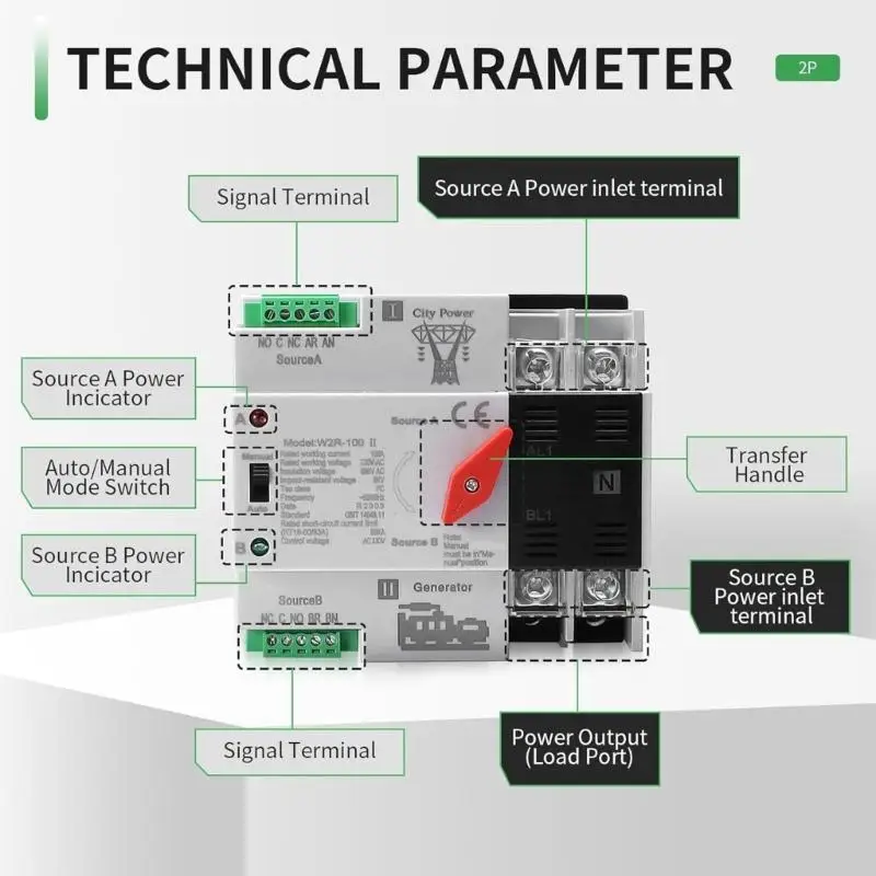 Small ATS Automatic Transfer Switches 100A 2P Double Power Changeover Switches DIN Rail Mount Controller Enduring