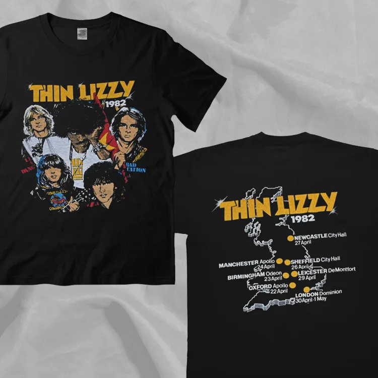 THIN LIZZY 1982 UK Tour Rare Black Double Sided T-Shirt For Fans