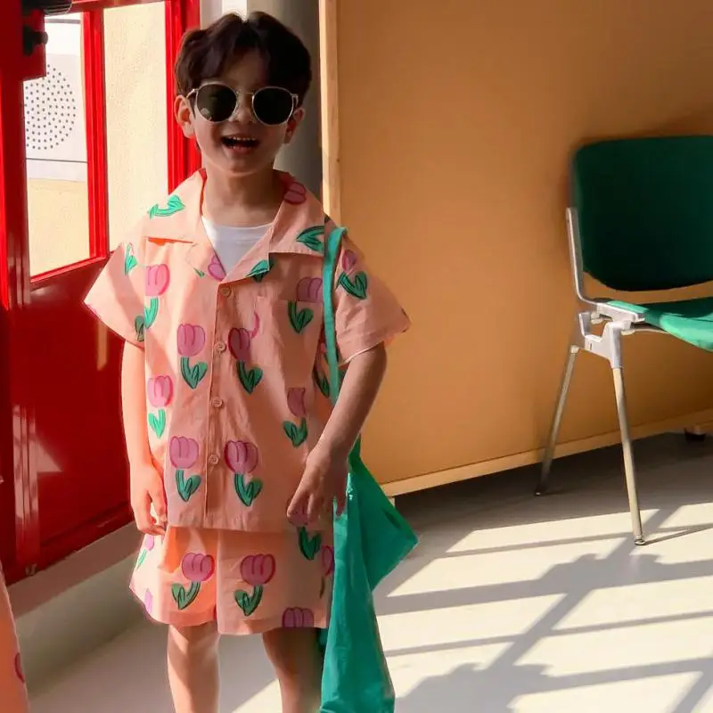 Summer New Fashion Tulip T-shirt And Short Boys Comfortable Homewear Set Girl Baby Sweet Loose Flower Versatile Boutique Dress