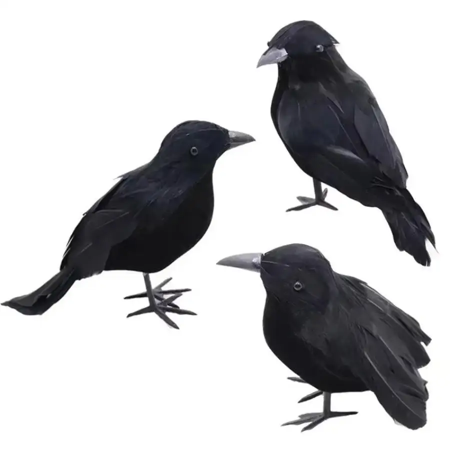 Black Raven Halloween Decoration Fake Crow Feather Bird Ornament Flocked Animal Prop For Haunted House Party Garden Spooky Decor