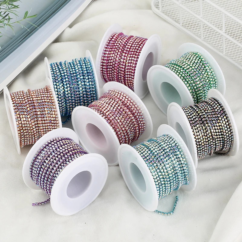 RESEN New! 2mm Crystal AB Rhinestone Cup Chain Colorful Bottom Glass Sew On Crystal Cup Chain Apparel Rhinestone Trim DIY Dress