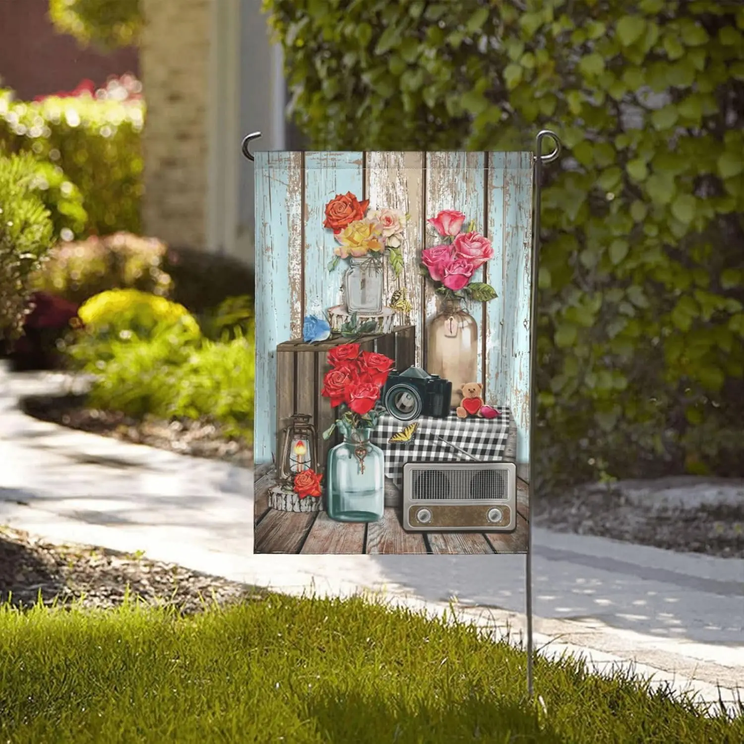 Vintage Roses Flowers Florals Mason Jar Wooden Board Garden Flag Decorations Double Sided Printing Vertical Valentines Day G PPM