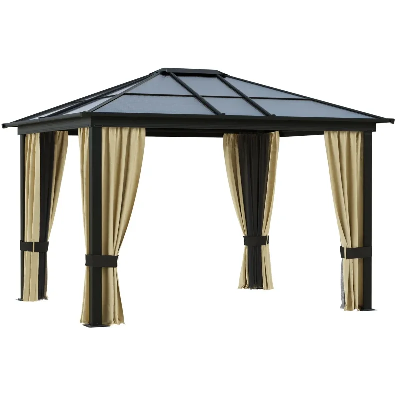 Courtyard Outdoor Steel Frame Gazebo with Twin-Wall Polycarbonate Hardtop Roof and Removable Curtains  Garden Gazebo