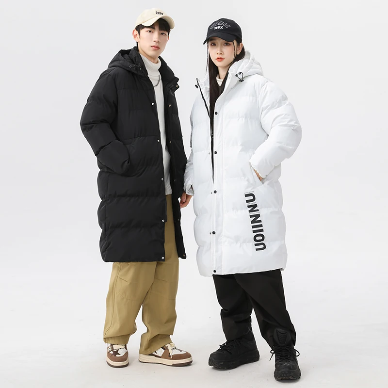 Casual Winter Jacket Men's Long Preppy Letter Print Thick Warm Down Cotton Padded Coat Women Luxury Ski Cold-proof Hooded Parka