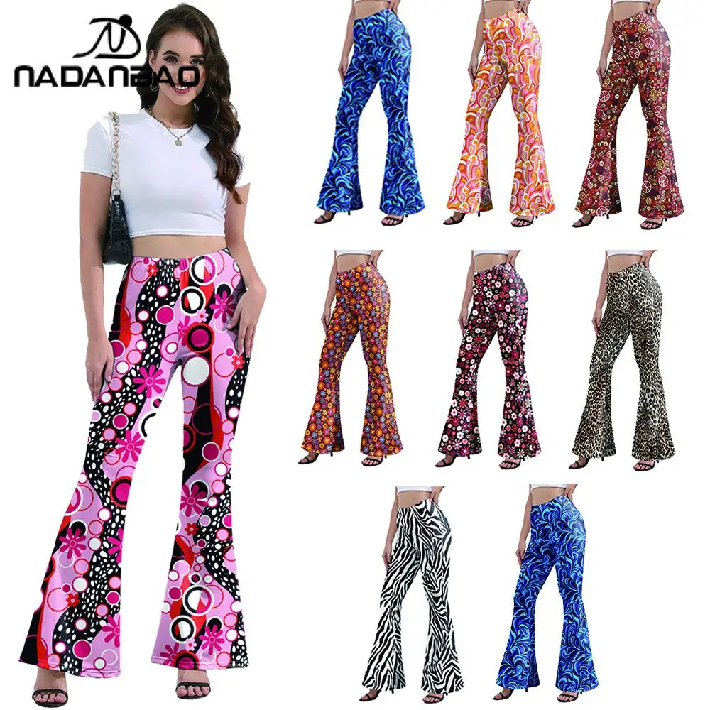 Nadanbao-Pantalon large taille haute imprimé rétro pour femme, pantalon de sport élastique, pantalon évasé, pantalon à cloche imprimé FJM, hippicopter