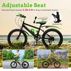 Bicicleta de Montaña ajustable para niños, sistema de frenado, brújula, campana, bolsa de almacenamiento, verde, 20 pulgadas, 7 velocidades