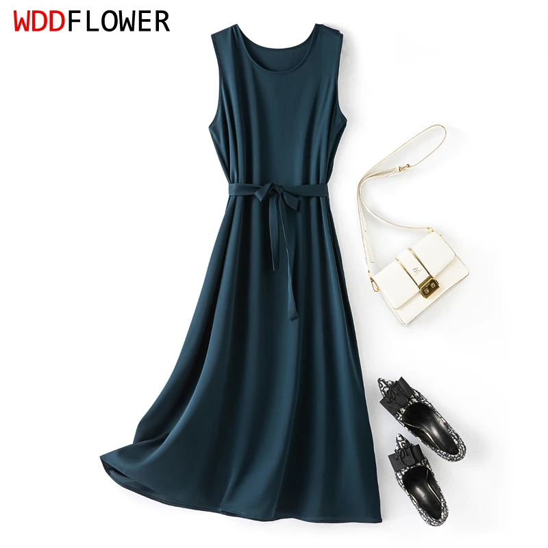 

Women Dress 93% Mulberry Silk 7% Spandex O neck Midi Dress Belted Waist Peacock Blue Long Dress Office Lady M L XL XXL FF100