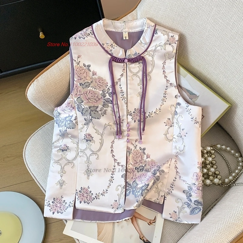 Tops hanfu vintage chino, chaleco jacquard satinado, chaqueta sin mangas, chaleco étnico tradicional con cuello levantado, chaleco folclórico retro 2024