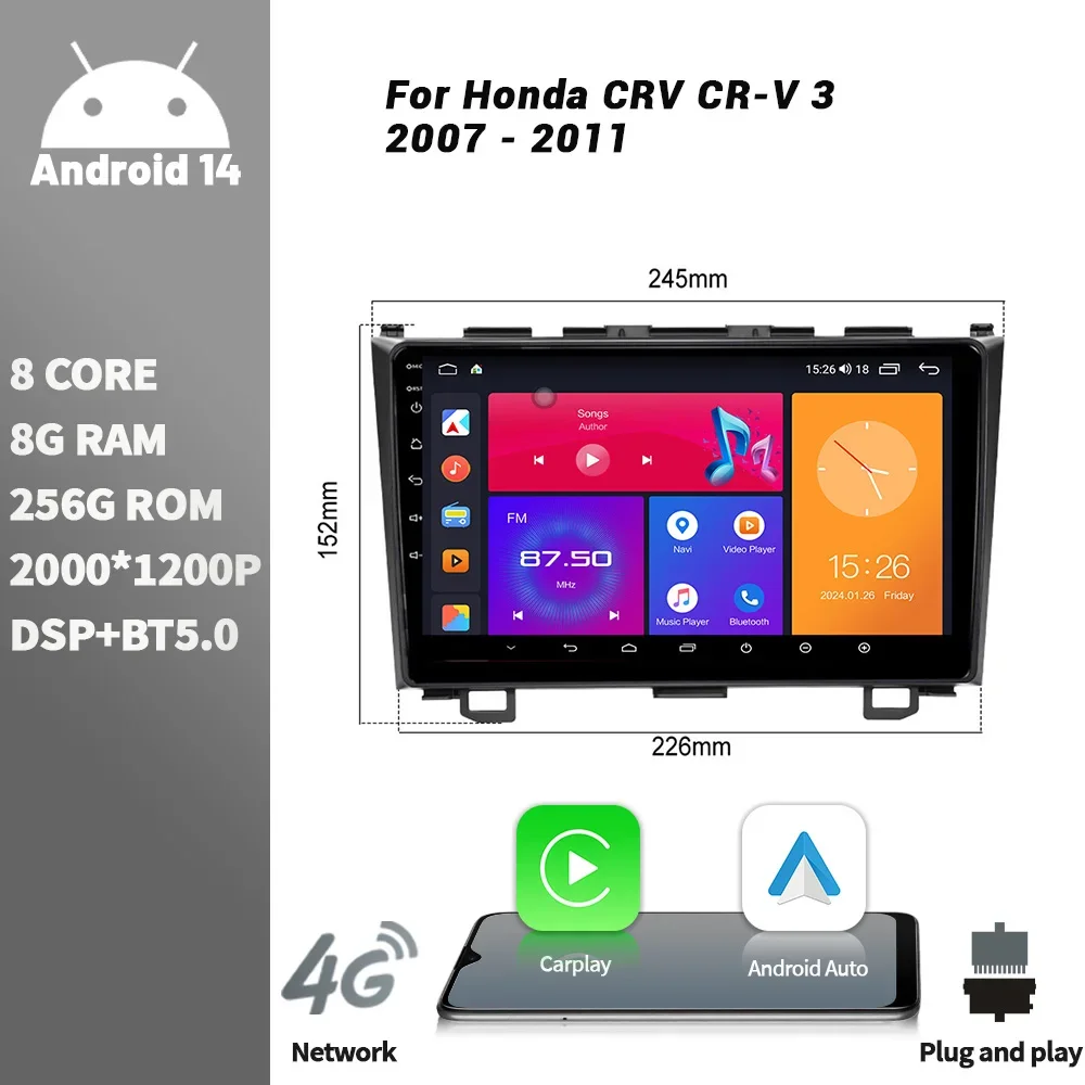 

Android Bluetooth Wireless CarPlay Screen Stereo Car Radio Multimedia Player Navigation For Honda CRV CR-V 3 2007 - 2011