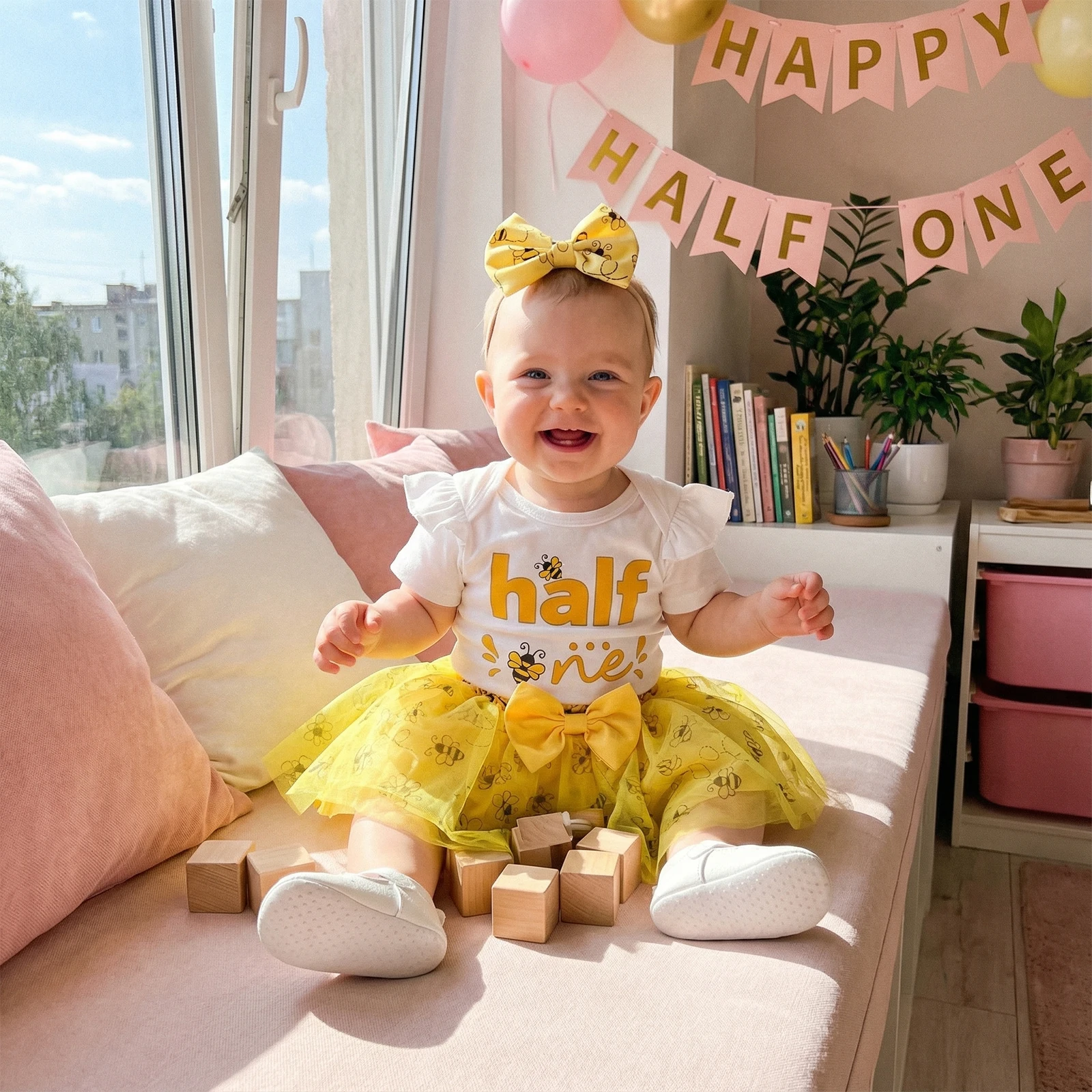 

Комплект для девочки на полтора года: комбинезон с принтом пчелы, сетчатая юбка и повязка на голову с бантом, 3 предмета