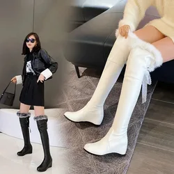 2025 New Ladies Platform Knee High Boots Fashion Slope Heel Fur Boots Women Party Office Sexy Boots Woman Big Size 34 -43