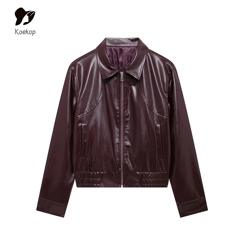 سترة جلدية مقاومة للرياح للنساء ، أحادية اللون ، طية صدر السترة ، فضفاضة ، عارضة ، خمر ، مزاجه ، سيدة أنيقة ، أزياء #1