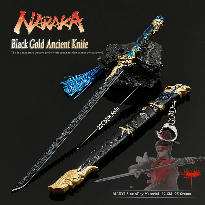 22cm Naraka Bladepoint broń czarne złoto starożytny nóż peryferia broń Model stop ozdoba kolekcja prezenty urodzinowe zabawki chłopcy