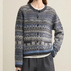 100% Australia Wool Women Retro National Style Short Knitted Cardigans Winter New Round Neck Thicken Sweater Coat Female Tops