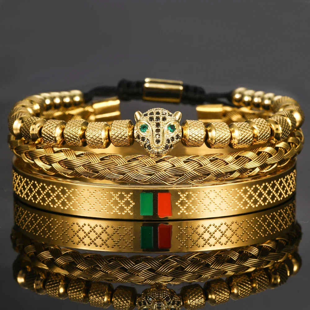 Fashion Handmade Braiding Bracelet Bangle Sets For Men Pave CZ Leopard Head Enamel Green Red Bangle Stainless Steel Women Bijoux