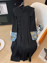 150Kg Plus Size Women's Spring Autumn Loose New Chinese Retro Qipao Dress Button Embroidered Dress Black 5XL 6XL 7XL 8XL 9XL