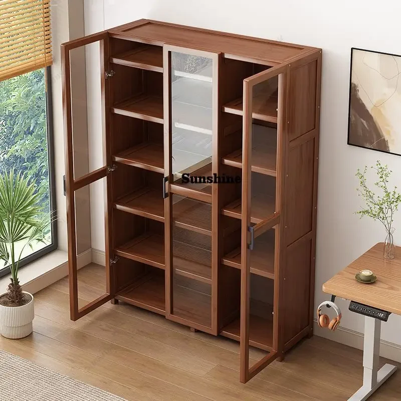 Modern Bookcase with Doors Bamboo Bookshelf Storage Cabinet with Flip Doors 4/5/6 Tier Bookcase for Living Room Bedroom Office