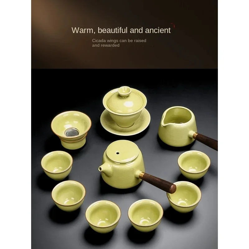 

Boutique Ge Kung Fu Tea Set Home Gift, Complete Set of High-end Tea Brewing Tools, Ceramic Side Handle Teapot Tea Cup