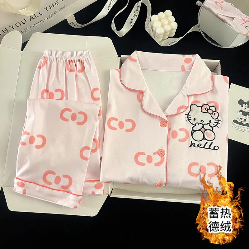 

Child Winter Girl Pajamas Set Dachshund Hello Kitty Lapel Thicken Thin Velvet Sanrio Long Sleeves Long Pants Warm Homewear Gifts
