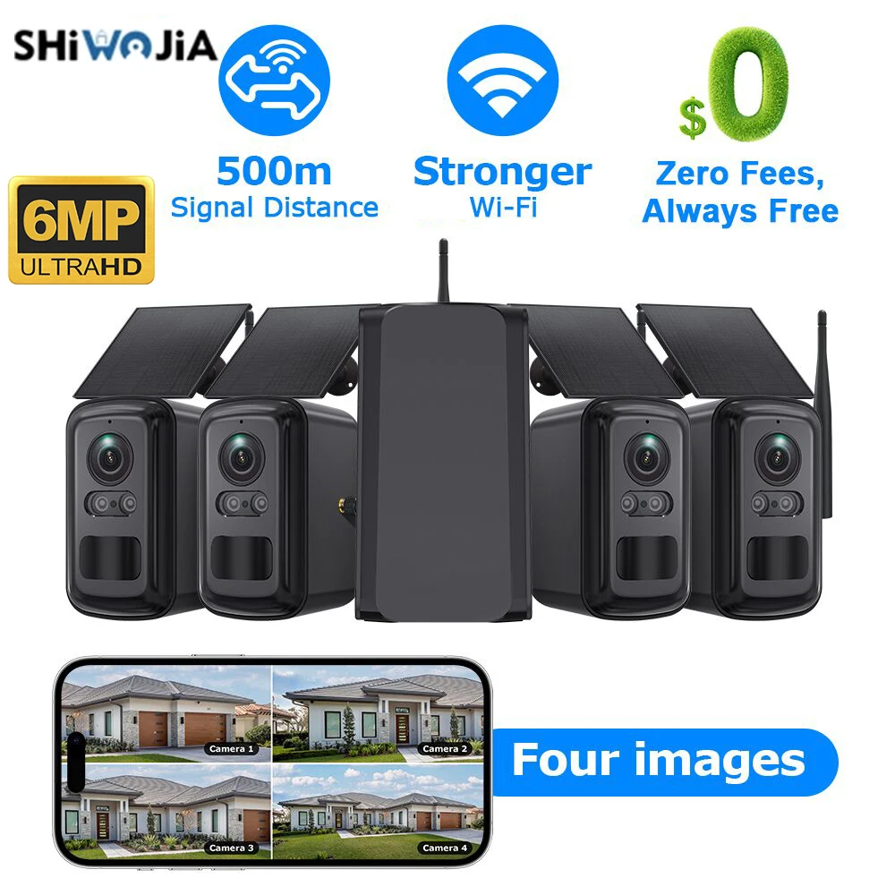 

SHIWOJIA 6MP Home Hub Solar Camera System 4 Cameras Kit Outdoor WiFi Solar Security Camera Set 2-Way Talk Zero Fees Always free