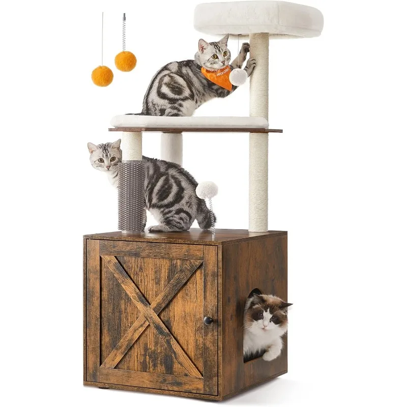 

Cat Tree with Litter Box Enclosure, 2-in-1 Modern Cat Tower, 52.8-Inch Cat Condo with Self Groomer, Scratching Posts, Washable