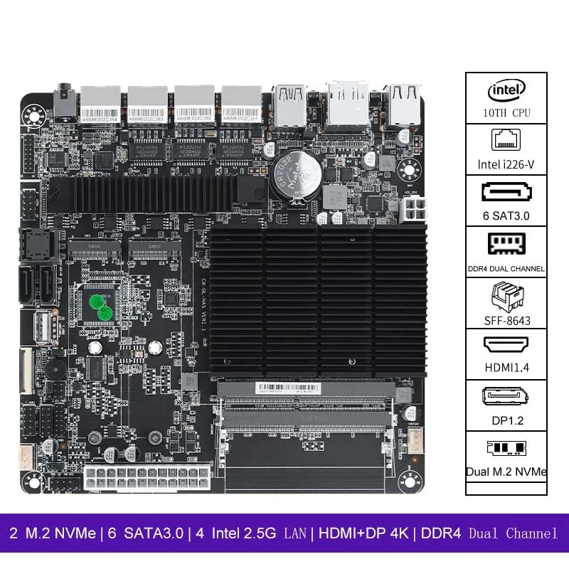 اللوحة الأم J4125 Mini-ITX 4 i226-v 2.5GbE Port لأجهزة NAS/Firewall ذات 6-Bay، Dual DDR4، M.2 NVMe 2280، 6 SATA3.0
