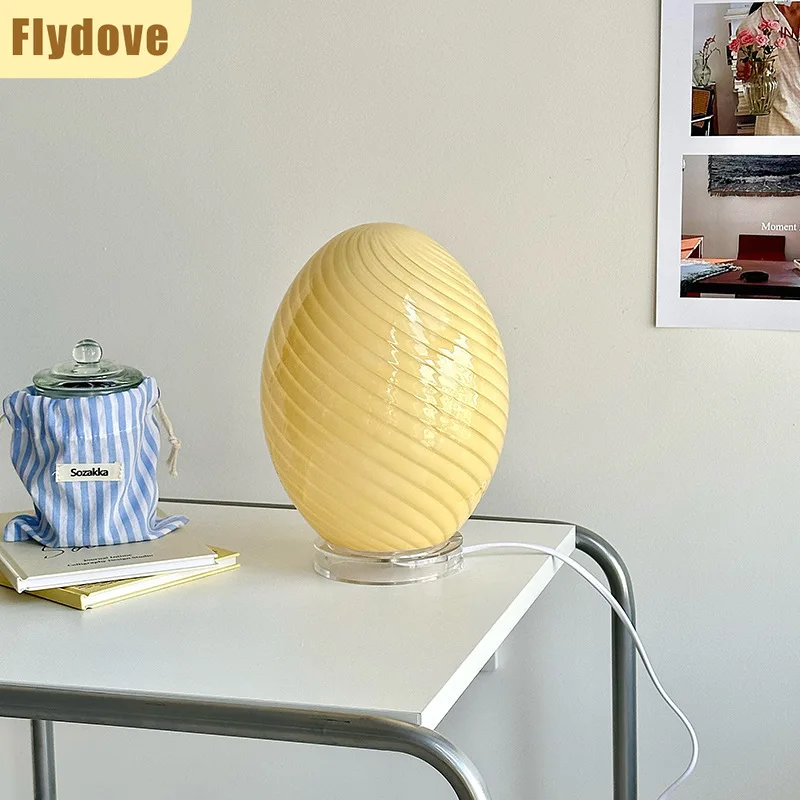 

Creative Macaron Egg Shaped Atmosphere Desk Lamp with Striped Glass Headboard and Eye Protection Decorative Lighting Fixtures