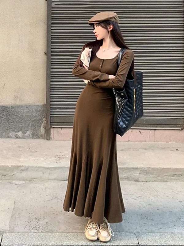 Retro Lange Sve A-lijn Fi Staart Dr Dames Innerlijke Slijtage Afslanken Lange Dr Lente Herfst Hoge Taille Pure Kleur Casual Fit