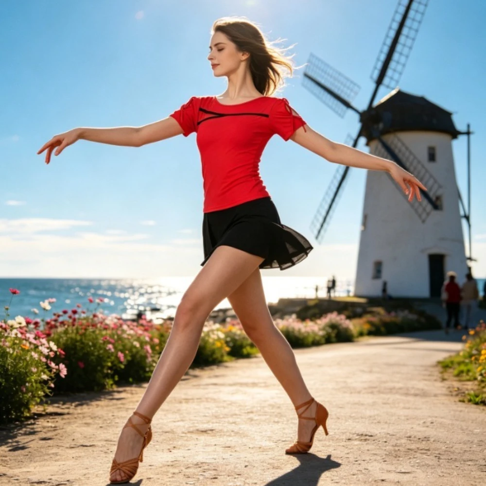 

Summer Women Latin Dance top Costume, Slim Short Sleeve Modern Dance Top for Daily Practice & Latin Dance Competition Wear