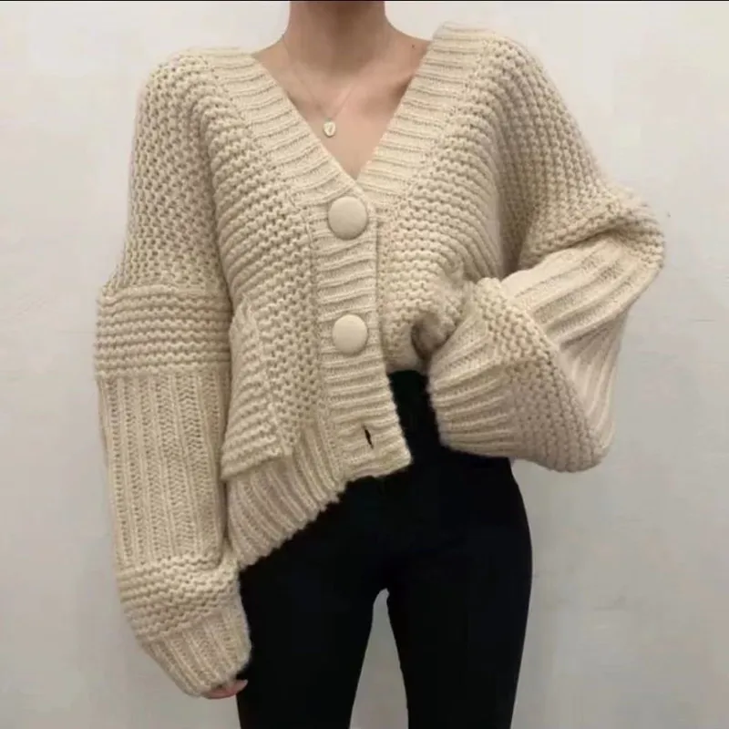 Einfarbige Pullover jacke mit V-Ausschnitt für Frühling und Herbst neue koreanische faule lose kurze Strickjacke