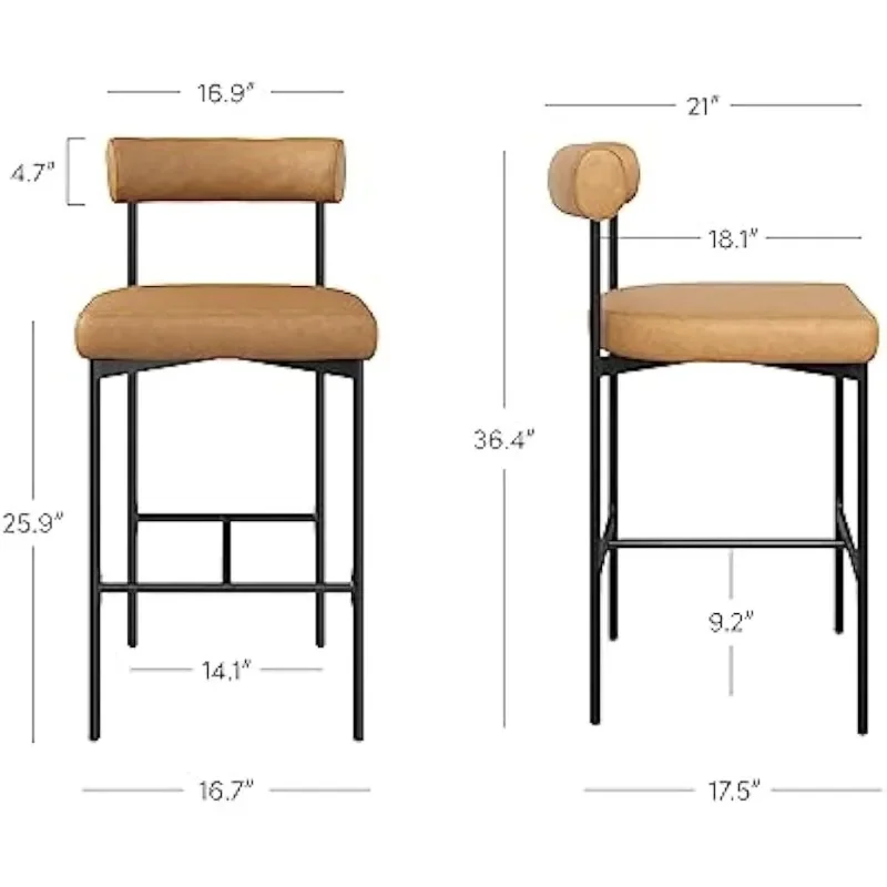 Counter Height Chair, Modern Barstool with Back, Mid-Century Metal Legs and Leather Padded Cushion for Kitchen, Island and Bars