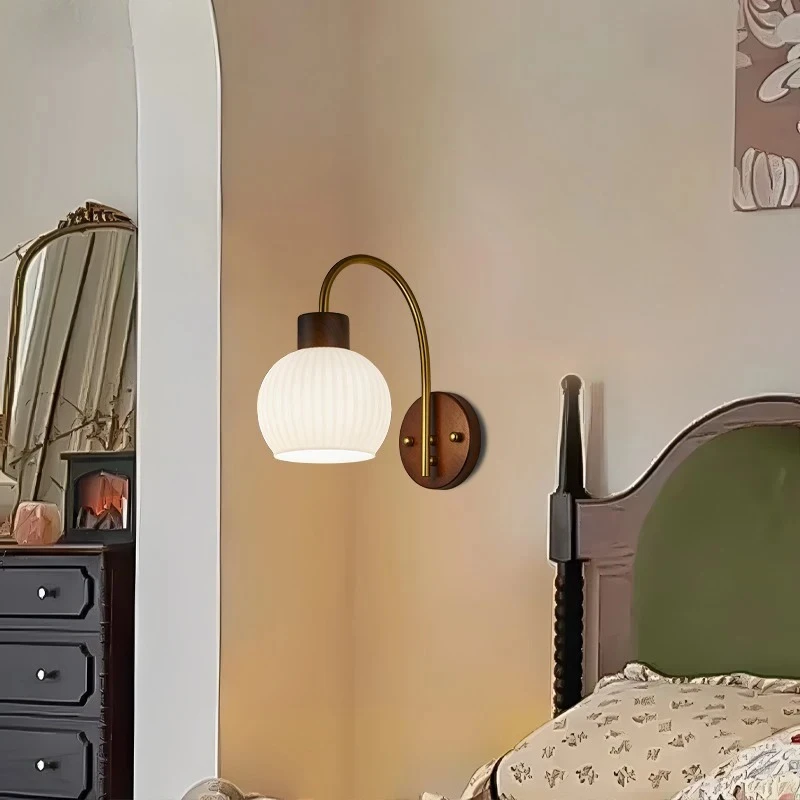 2025 Glass Lampshade Wall Lamp For Bedroom Hallways Living Room French Medieval LED Bedside Lamp Wood Sucker Wall Sconce