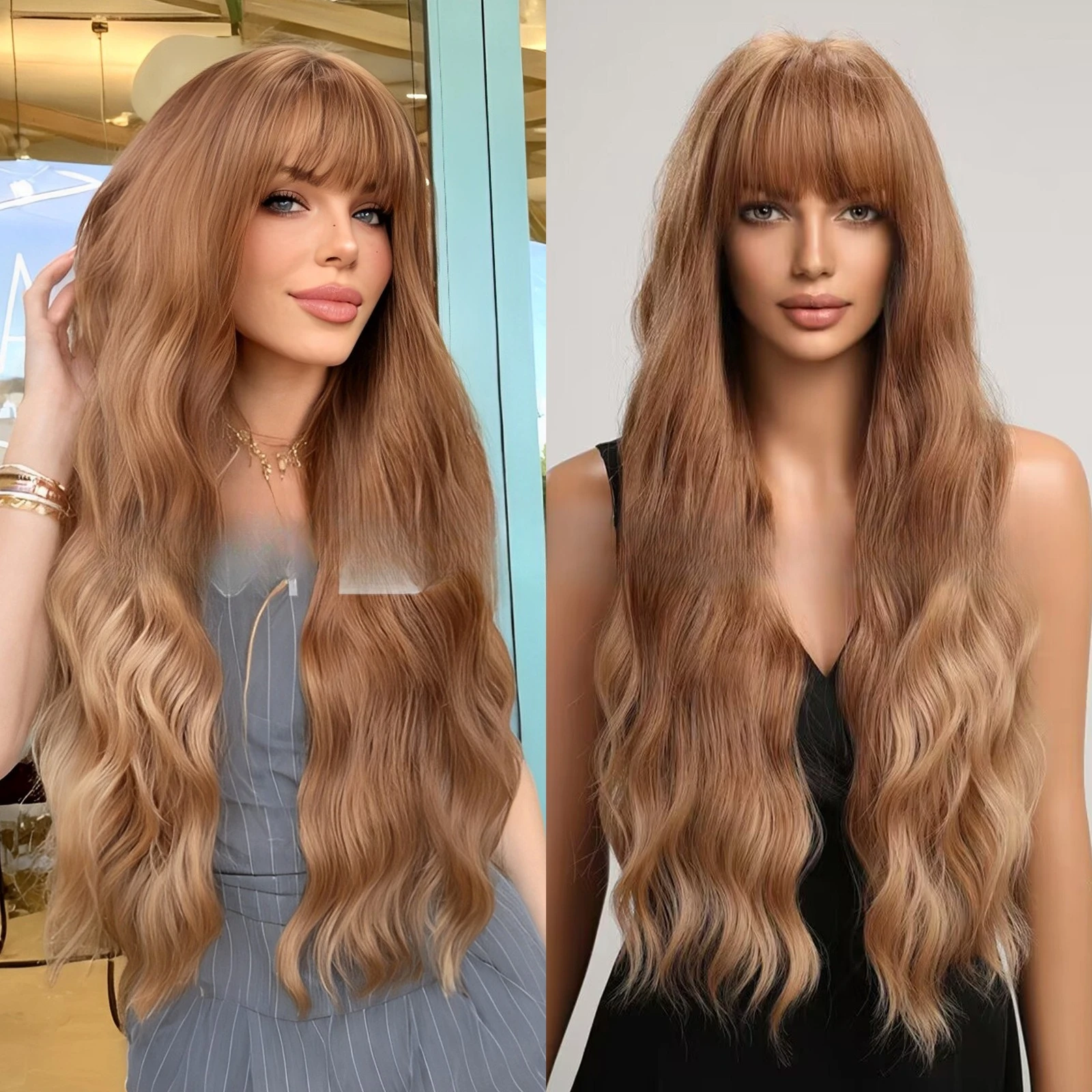 

Wig female long hair Qi bangs milk tea brown water ripple long curly hair temperament natural simulation full head cover type