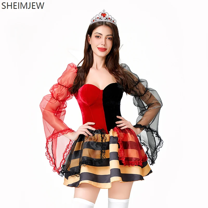 

Halloween Costume Adult Role Play Fairy Tale Queen Of Hearts Costume Evil Witch Queen Stage Performance Costume Lady Lace Dress