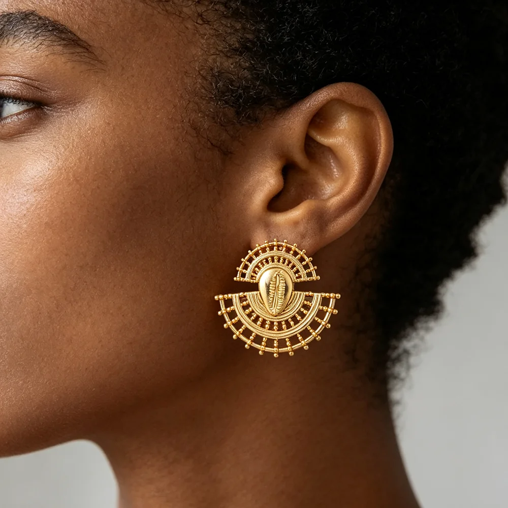 Damen-Set aus 18K vergoldeten, perlenbesetzten, durchbrochenen Cowrie-Muschel-Ohrringen und -Ring, afrikanischer ethnischer Statement-Schmuck, Geschenk für Party und Hochzeit – Detail 4