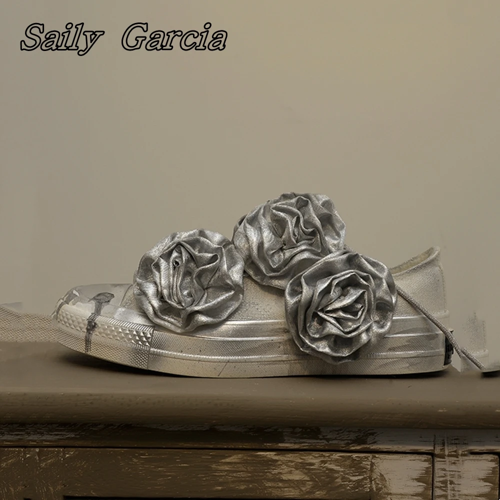 Silver Paint Handmade Rose Flat Vulcanized Shoes Niche Design futuristic Sense Casual Shoes Round Toe Large Size Women/Men Shoes