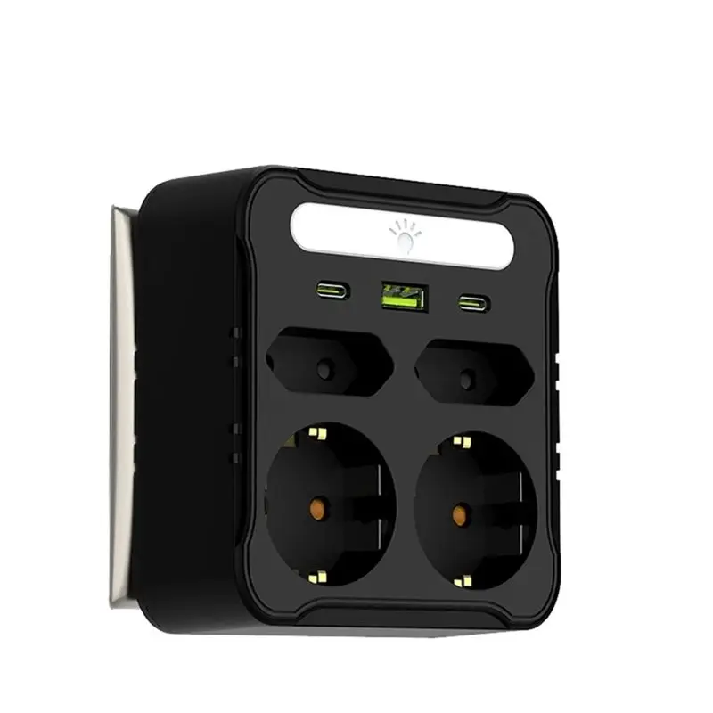 Wall Socket Power Strip With Light 4 AC Outlets 2 USB Ports 1 Type-C Switch EU Plug For Home Power Sockets