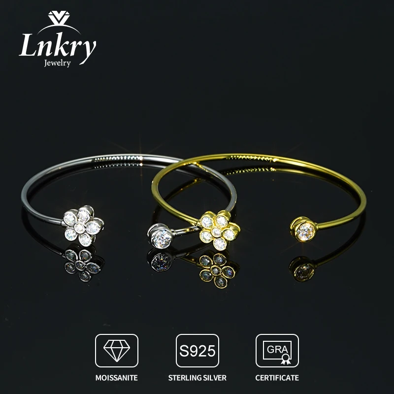 

Lnkry 5mm&3mm&2.5mm Moissanite Cuff Bracelets With GRA Certified 925 Sterling Silver Flower Shape Adjustable Bracelet For Women