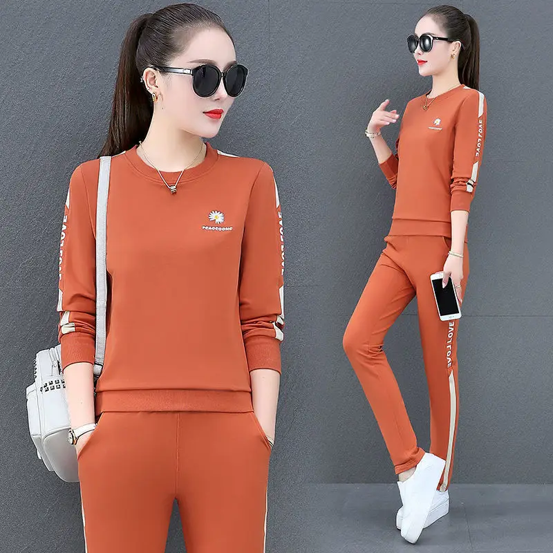 2022 Summer New Daisy Loose Pants Suit Women\'s Track Korean Version Splicing Long Sleeved Top and Trousers Two Piece Set