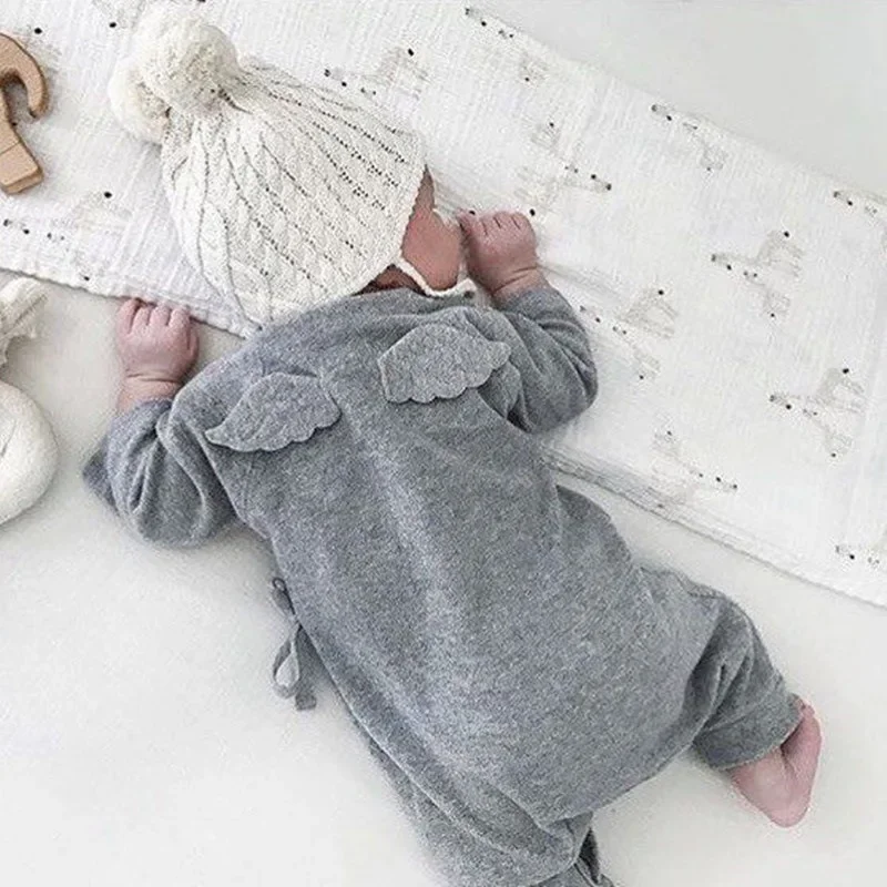 HoneyCherry Baby Girl Pajamas Cotton Bandage Angel Wings Leisure Romper European Children Clothes New Born Baby Clothes Jumpsuit