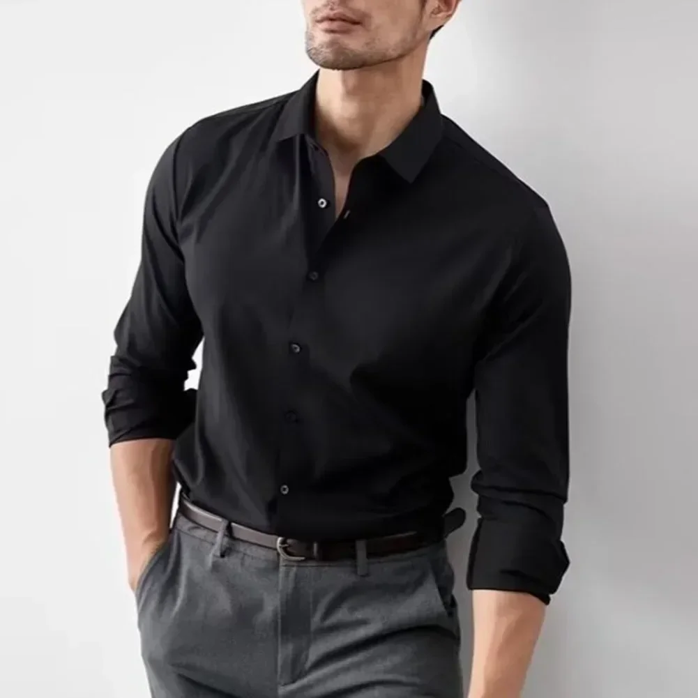 

Модная деловая рубашка против морщин, повседневные топы для бизнеса и повседневный стиль с воротником с лацканами, обычный вырез, диапазон размера M-5XL