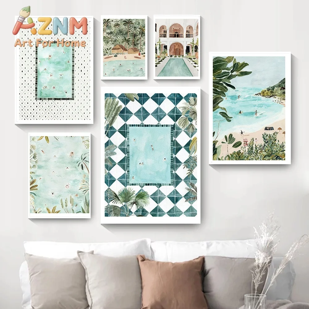 Sunny Beach Pool Moroccan Tropical Swimmers Wall Art Canvas Painting Poster and Print Nordic Wall Pictures for Living Room Decor
