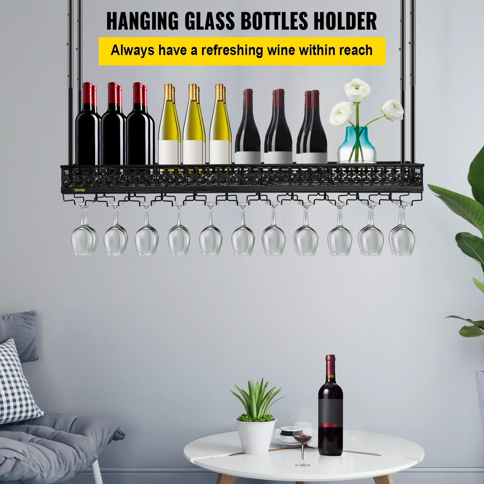 VEVOR Ceiling Wine Glass Rack, 46.9 x 13 inch Hanging Wine Glass Rack Cabinet, Wall-Mounted Wine Glass Rack Perfect for Bar Cafe