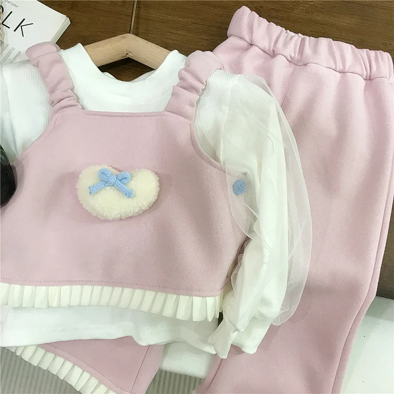 

Girls' Outfit Spring and Autumn Sweet Fashion Girls' Spring and Autumn Toddler Heart Bubble Sleeve Three-Piece Set