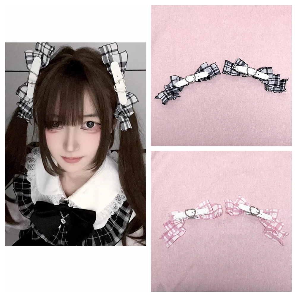 

1 Pair Harajuku Sweet Gothic Lolita Y2K Girl Retro Grid Leather Buckle Bow Hair Accessories Hairgrips Hairpin Clip Hair Clip