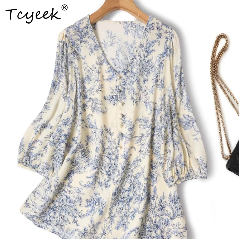 

Tcyeek 100% шелковый шелк летние тонкие женские рубашки в китайском стиле с v-образным вырезом и рукавами семь четвертей с пузырьковыми рукавами прямое трубчатые женские рубашки отлича lui