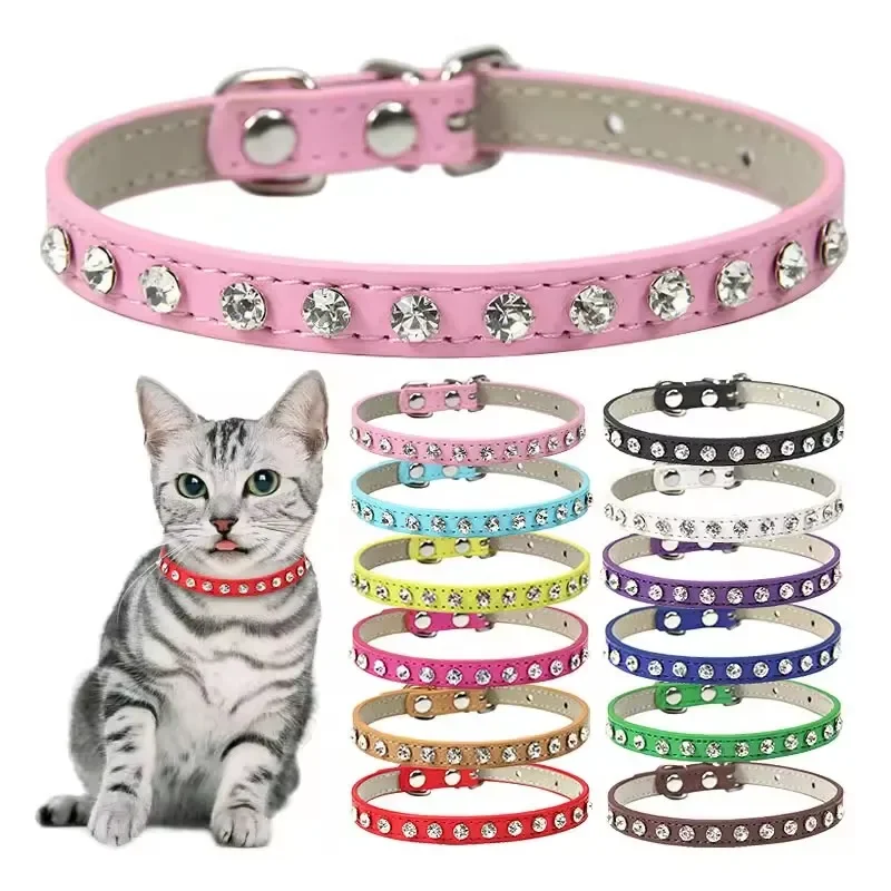 Adjustable Pet Collar Colorful Dog Kitten Harness Decor Leather Rhinestone Cat Necklace Small Puppy Pet Safety Ring Accessories