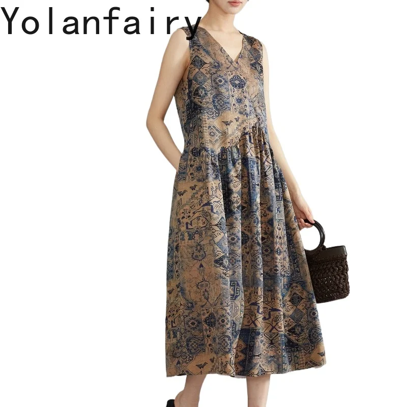 YOLANFAIRY Women Summer Sleeveless Silk Slip Dress 100% Mulberry Hualuo Red Gambiered Silk Pleated Dresses Elegant Maxi Dress